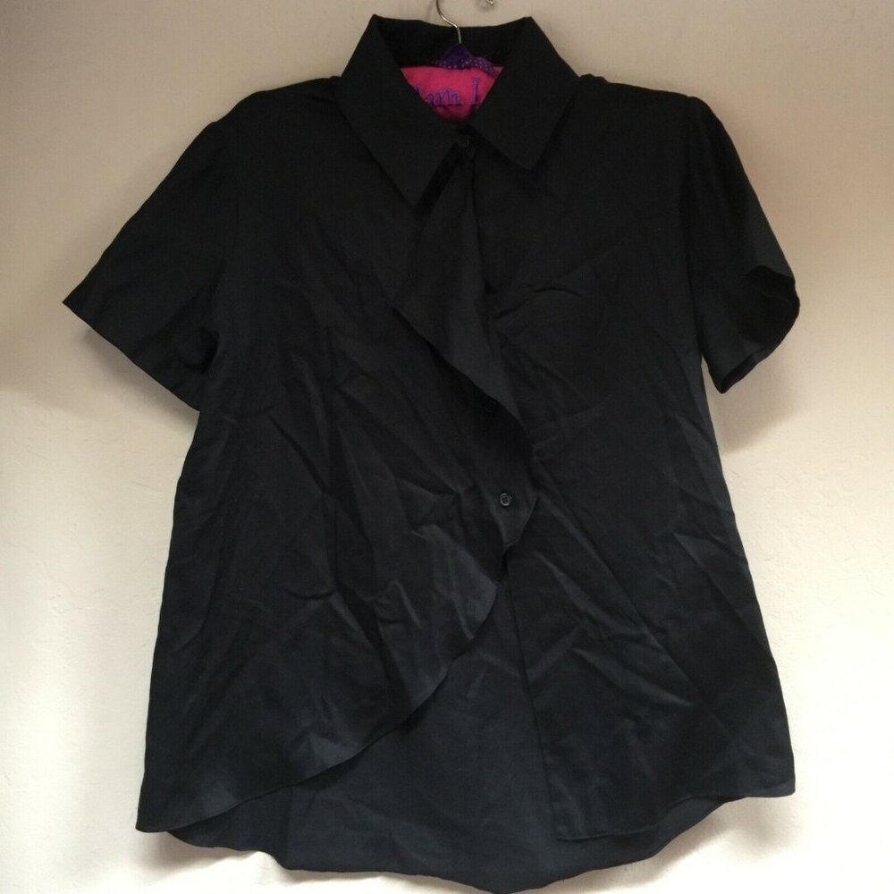 Meg Shop Women's Cotton Drape Front Top Blouse Shirt Small Black Short Sleeve